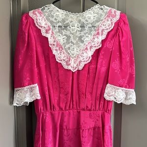 1980s Floral Pink Dress with Lace and Pearled Buttons